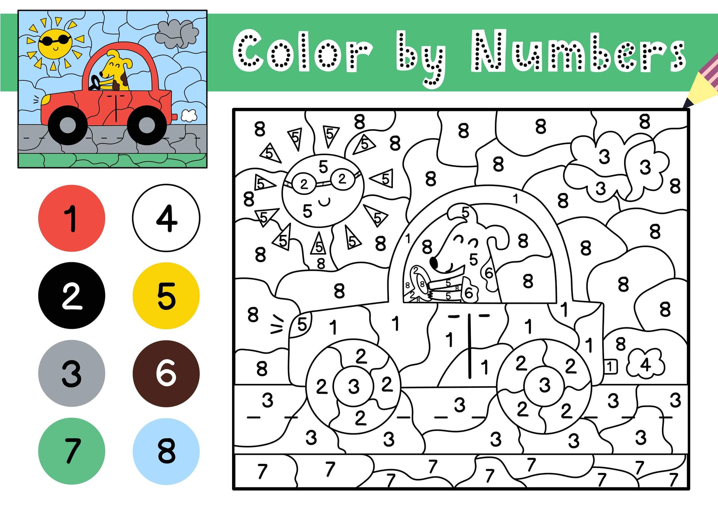 Coloriage Un Chien Conduit Une Voiture Avec Un Soleil Magique Cp Par Numéro - Magique cp à imprimer