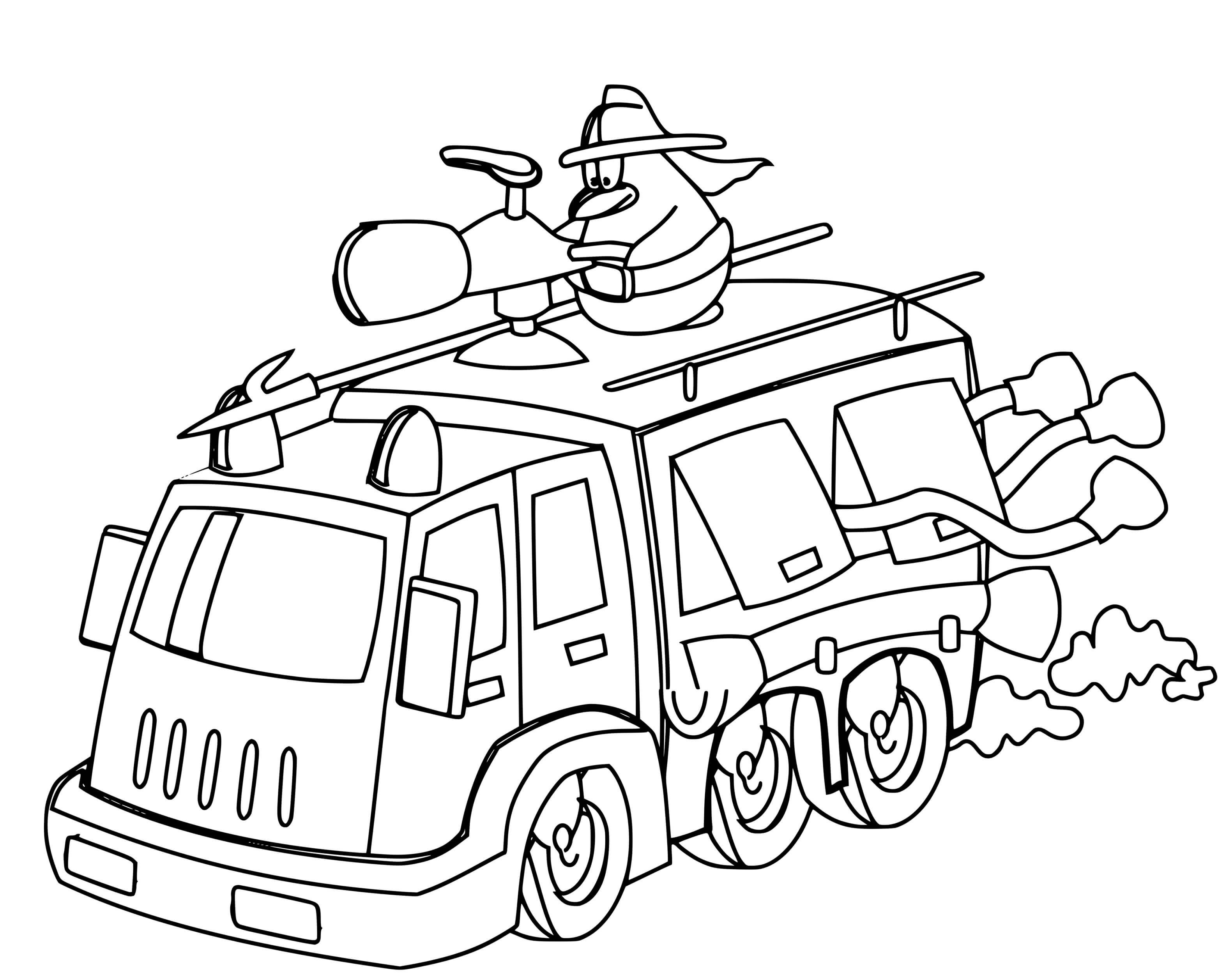 Coloriage Un Dessin Anime Sur Un Camion De Pompier A Pleine Vitesse - Pompier à imprimer