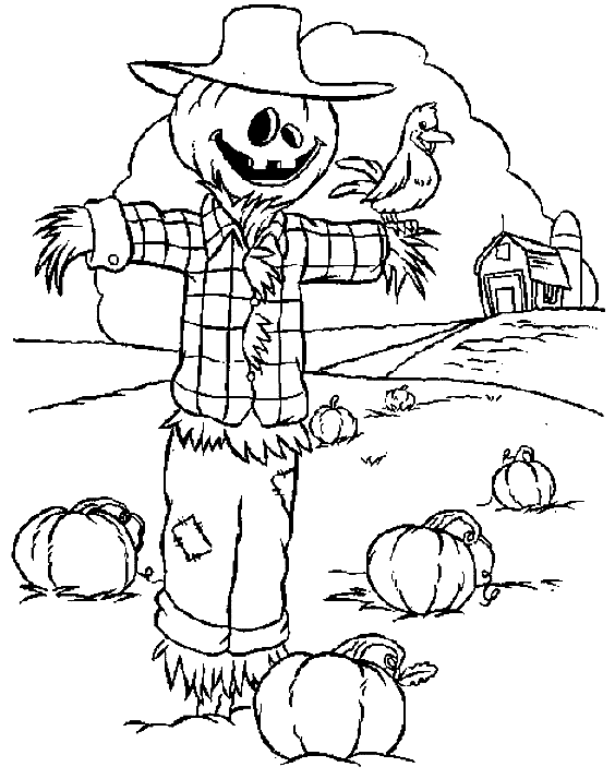 Coloriage Un Épouvantail Avec Une Tête De Citrouille Dans Un Champs De Citrouille - Halloween citrouille à imprimer
