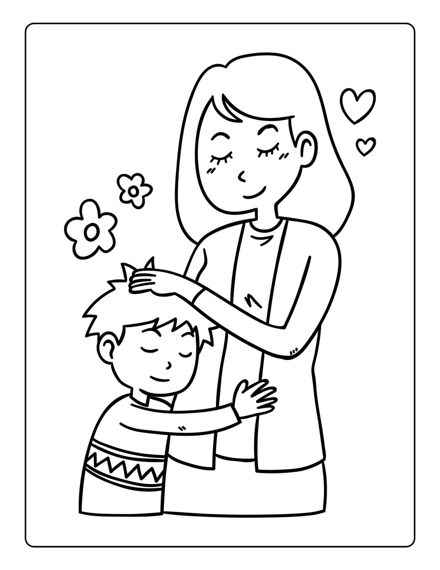 Coloriage Un Fils Donne Un Câlin A Sa Maman - Fête des mères à imprimer