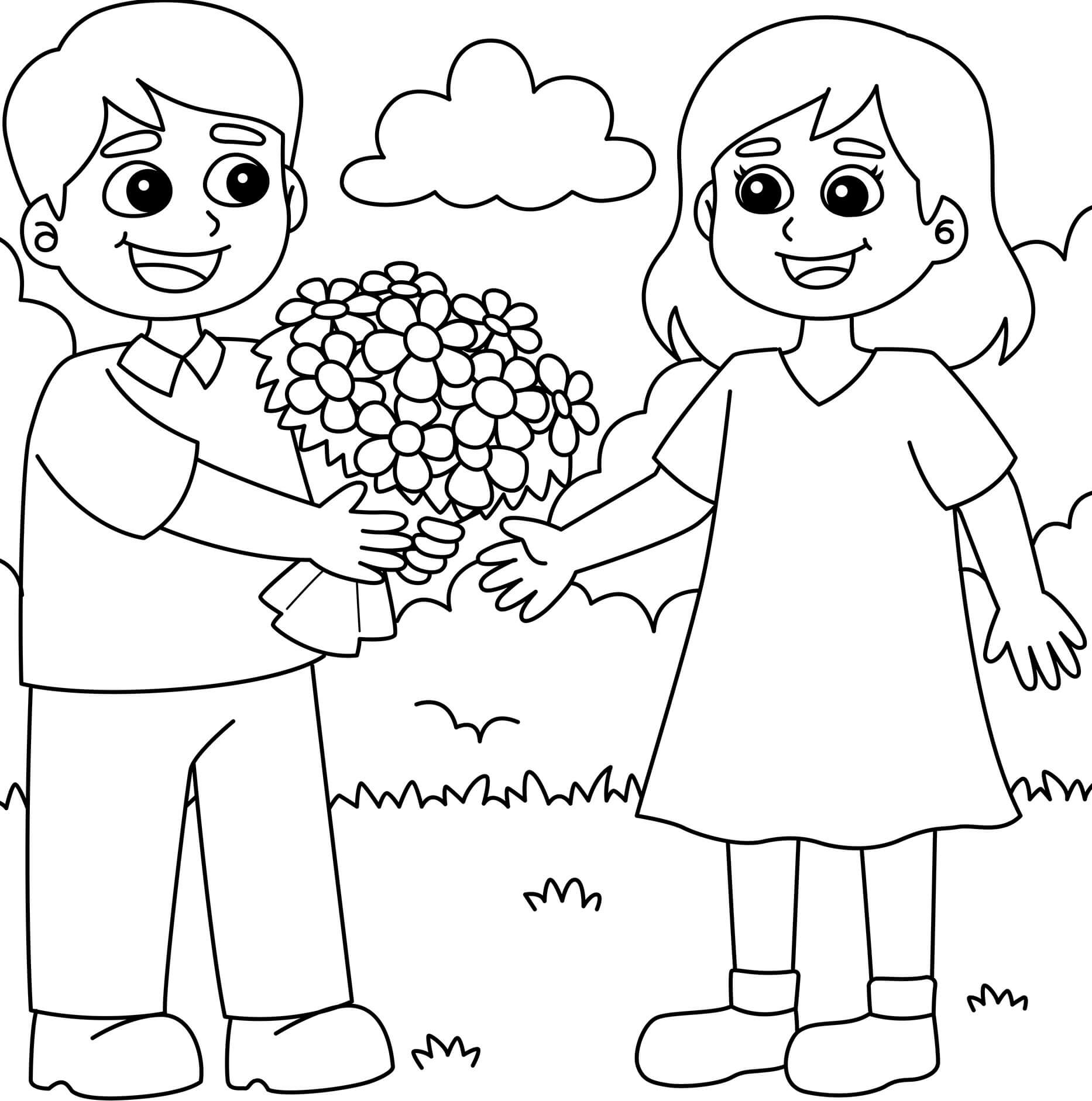 Coloriage Un Garçon Donne Des Fleurs A Une Fille Pour La Saint Valentin Février - Février à imprimer
