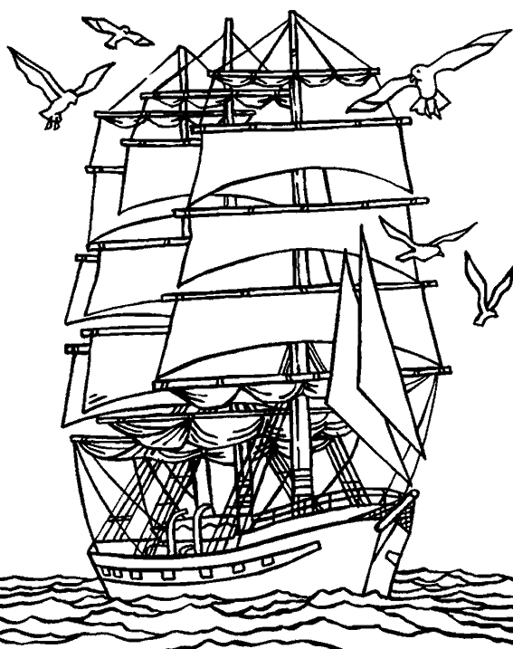 Coloriage Un Navire Proche De La Cote Avec Des Mouettes - Bateau à imprimer