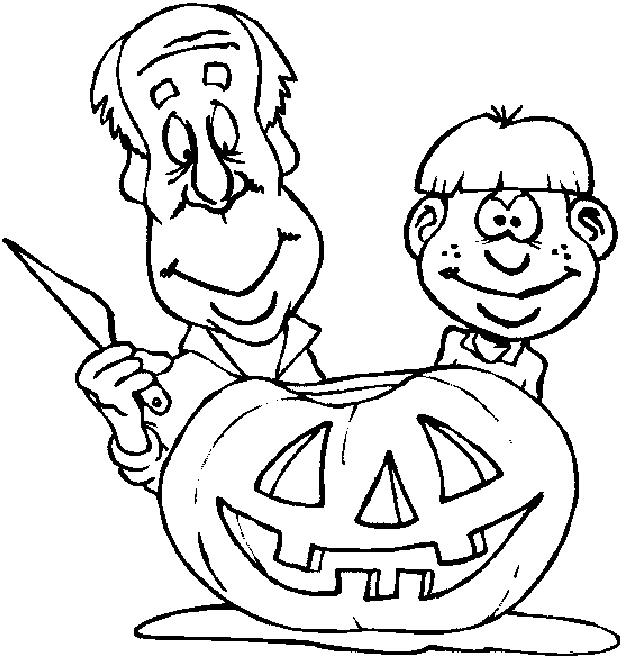 Coloriage Un Père Et Son Fils Preparent La Citrouille D'Halloween - Halloween citrouille à imprimer