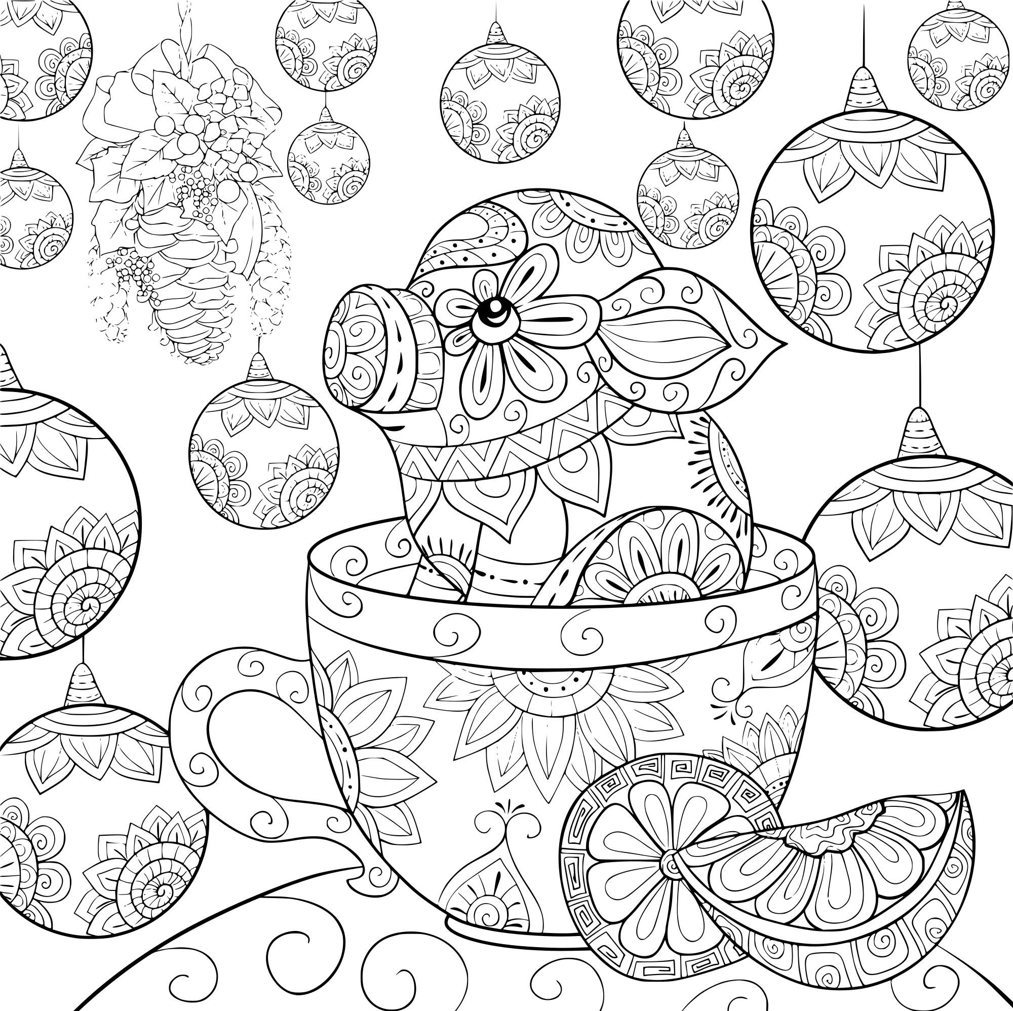 Coloriage Un Petit Porc Mignon Dans Une Tasse Sur Un Fond De Noël - Adulte à imprimer