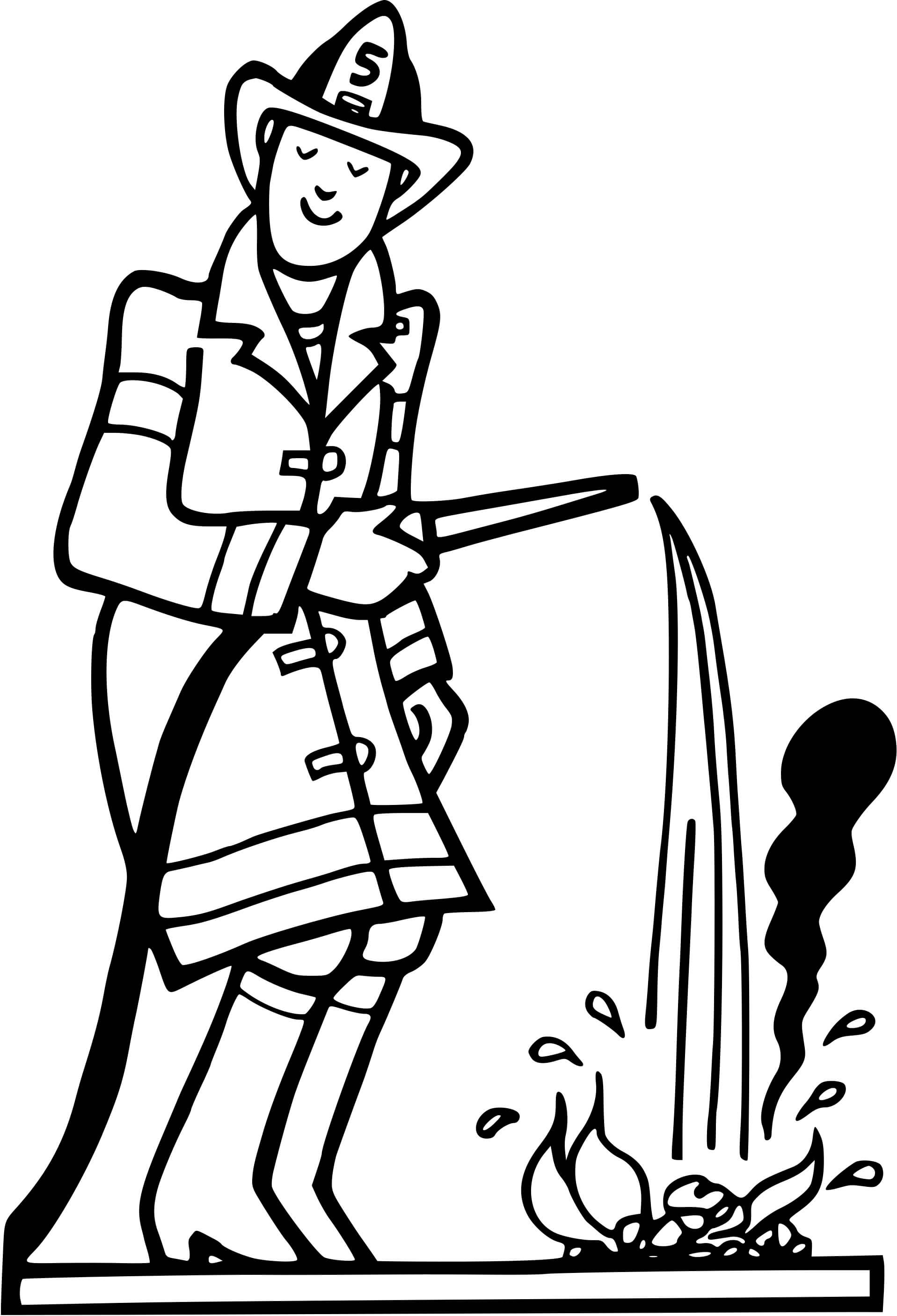 Coloriage Un Pompier Arrose Un Feu - Pompier à imprimer