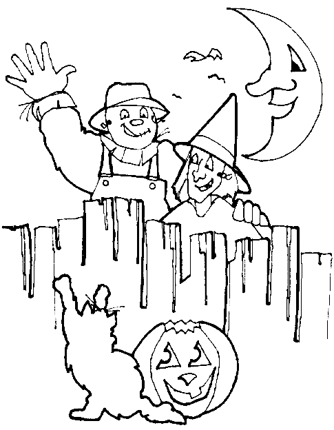 Coloriage Une Citrouille Un Chat Un Épouvantail Et Une Soricere Pour La Soiree D'Halloween - Halloween citrouille à imprimer