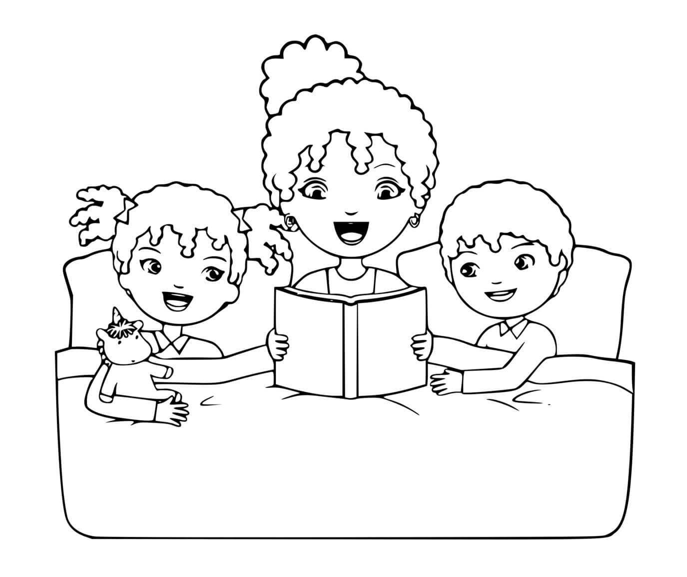 Coloriage Une Mère Et Ses Deux Enfants Lecture Avant De Dormir - Famille à imprimer