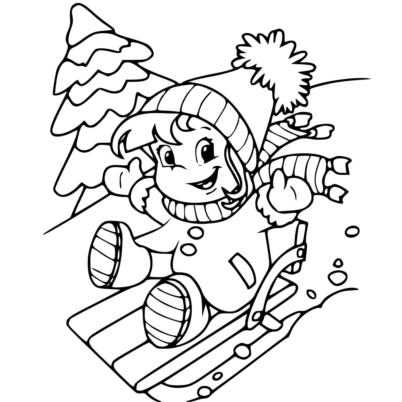 Coloriage Une Petite Fille Glisse Sur Une Montagne De Neige En Hiver - Hiver à imprimer