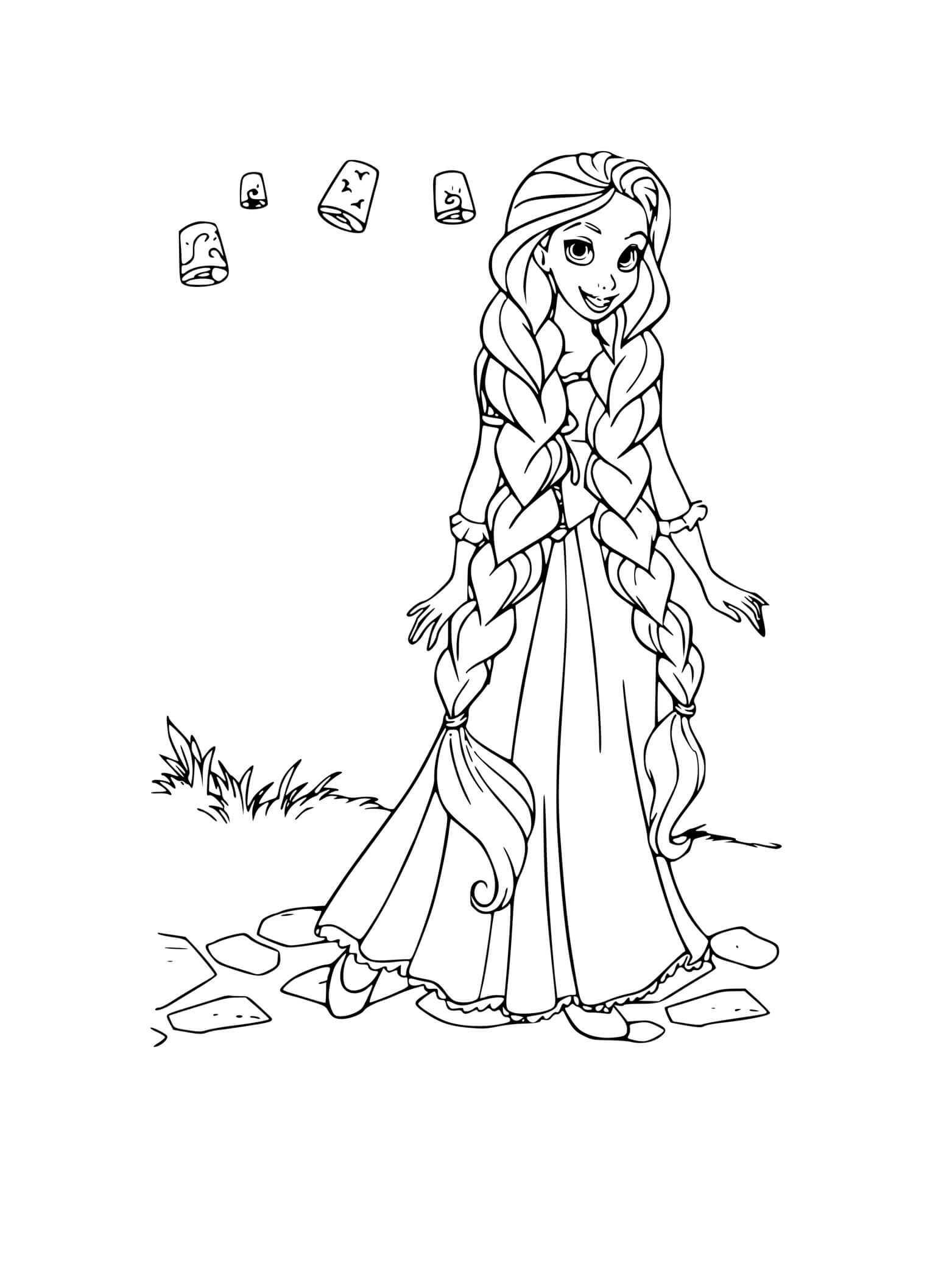 Coloriage Une Princesse Avec Des Lanternes Volantes - Raiponce à imprimer