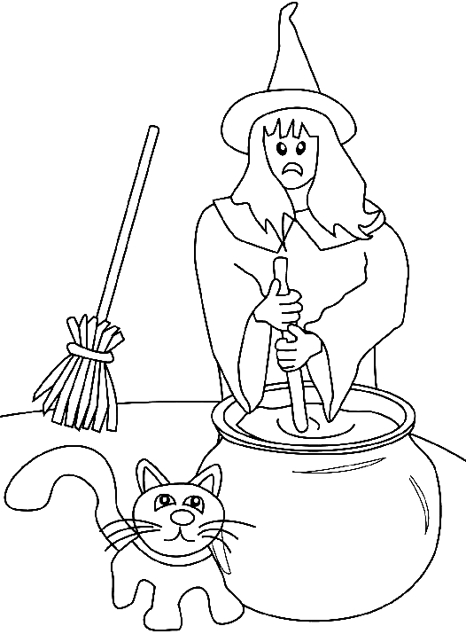 Coloriage Une Sorcière Un Balai Une Marmite Et Un Chat - Halloween sorciere à imprimer