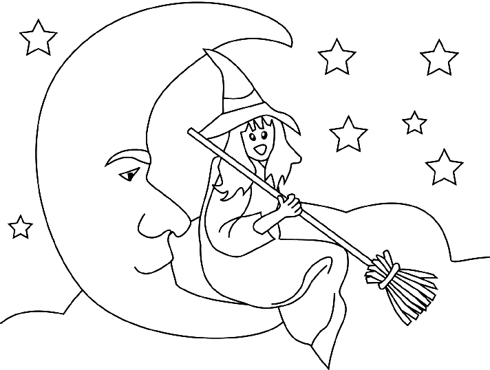 Coloriage Une Sorcière Assise Sur Lune Conptemple Les Étoiles - Halloween sorciere à imprimer