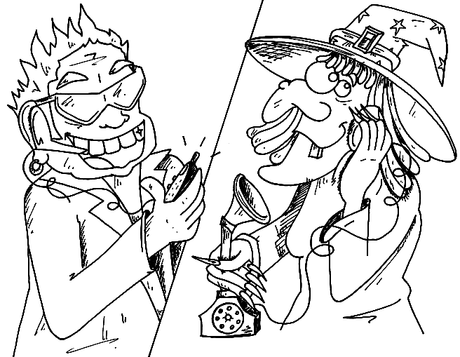 Coloriage Une Sorcière Au Téléphone Avec Son Psy - Halloween sorciere à imprimer