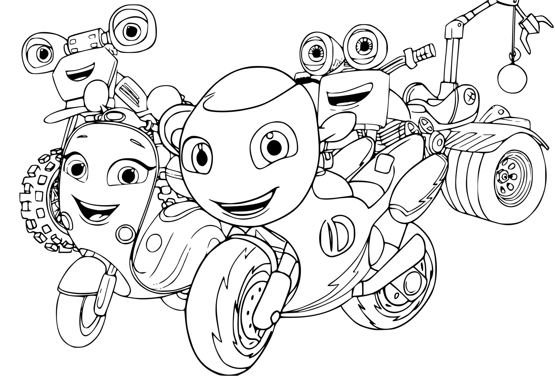 Coloriage Une Ville Insulaire Fictive Appelee Wheelford Qui Est Habitee Par Des Motos Anthropomorphes - Ricky zoom à imprimer