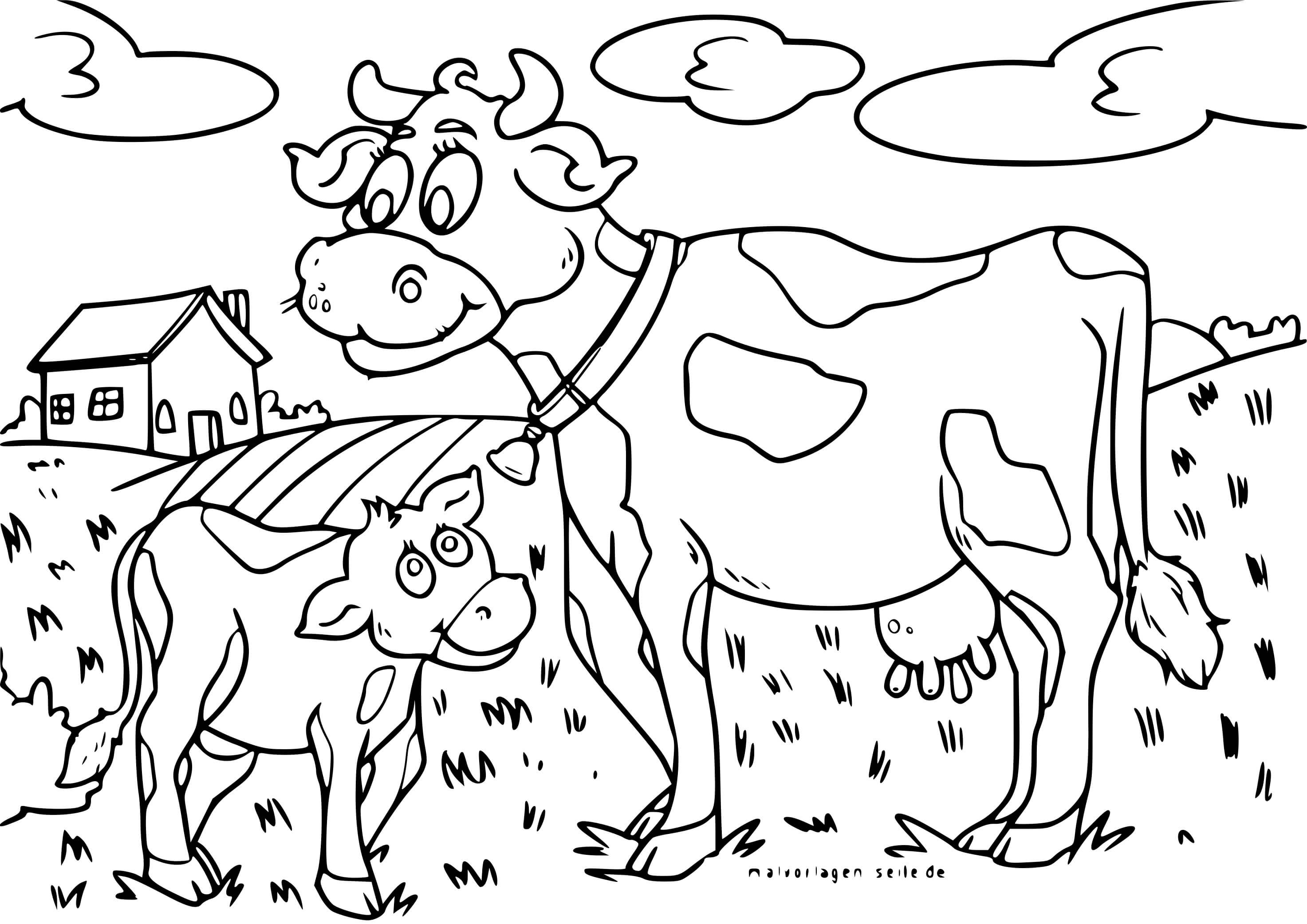 Coloriage Vache Veau Sur Une Ferme - Vache à imprimer