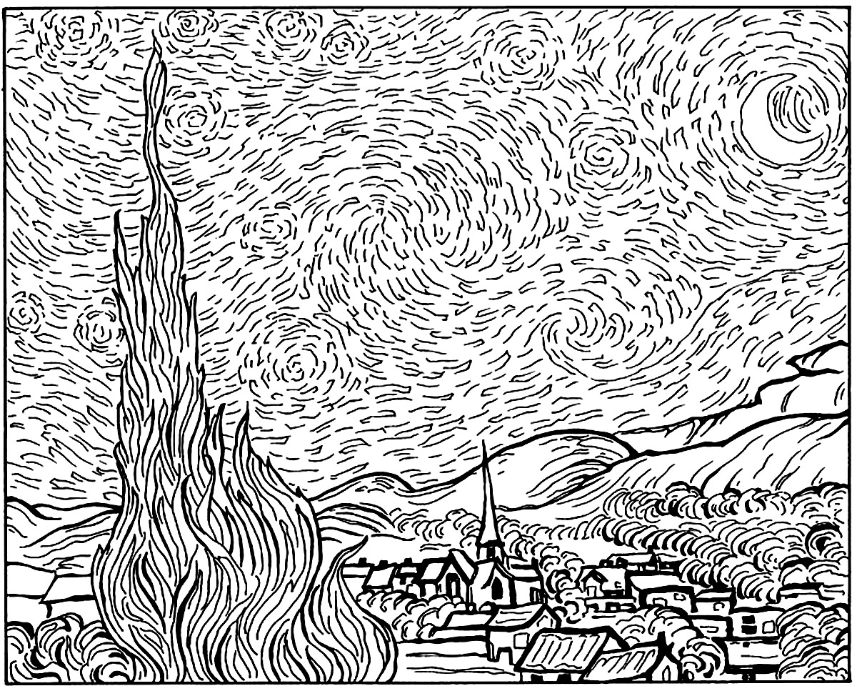 Coloriage Van Gogh Nuit Étoilée - Art à imprimer