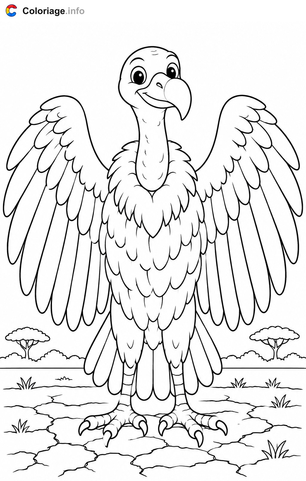 Avvoltoio di fronte con le ali spiegate — Disegno da colorare