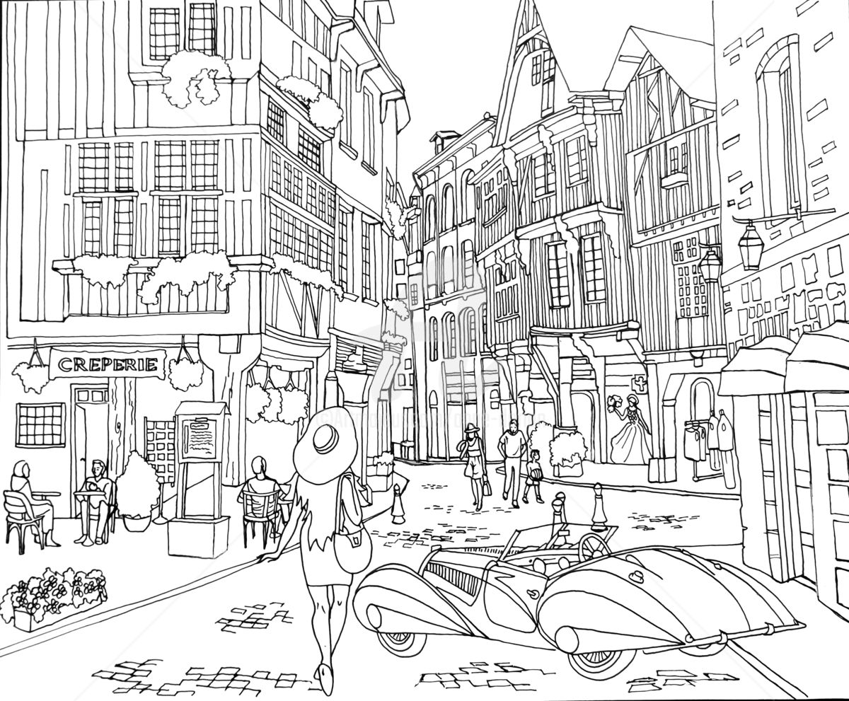 Coloriage Ville Café Complexe Adulte Dinan Delahaye - Ville à imprimer