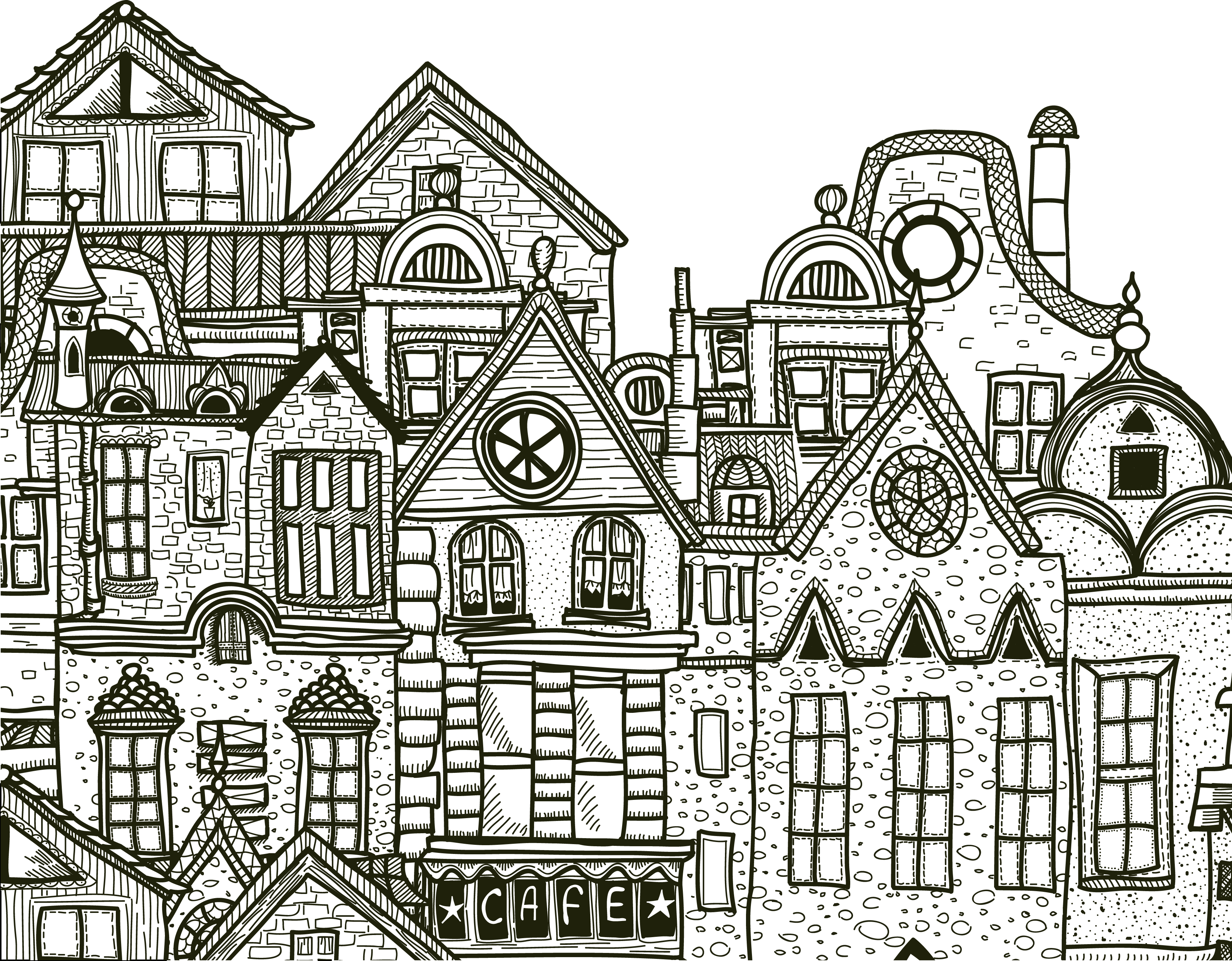 Coloriage Ville Detaille Complexe Adulte Café Par Artherapie - Ville à imprimer