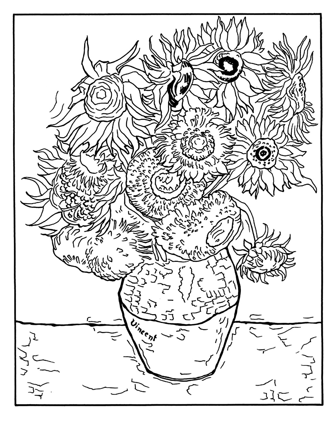 Coloriage Vincent Van Gogh 12 Tournesols Dans Un Vase - Art à imprimer