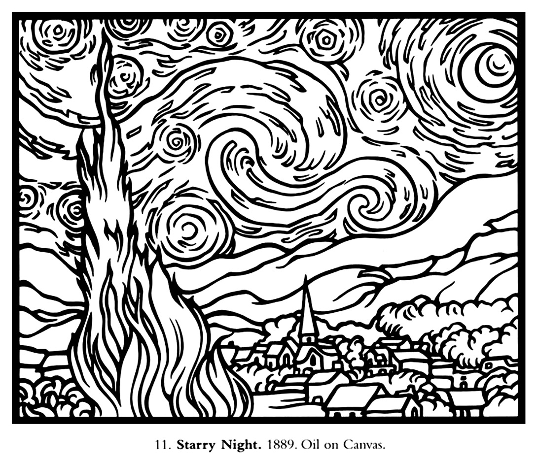 Coloriage Vincent Van Gogh La Nuit Étoilée - Art à imprimer