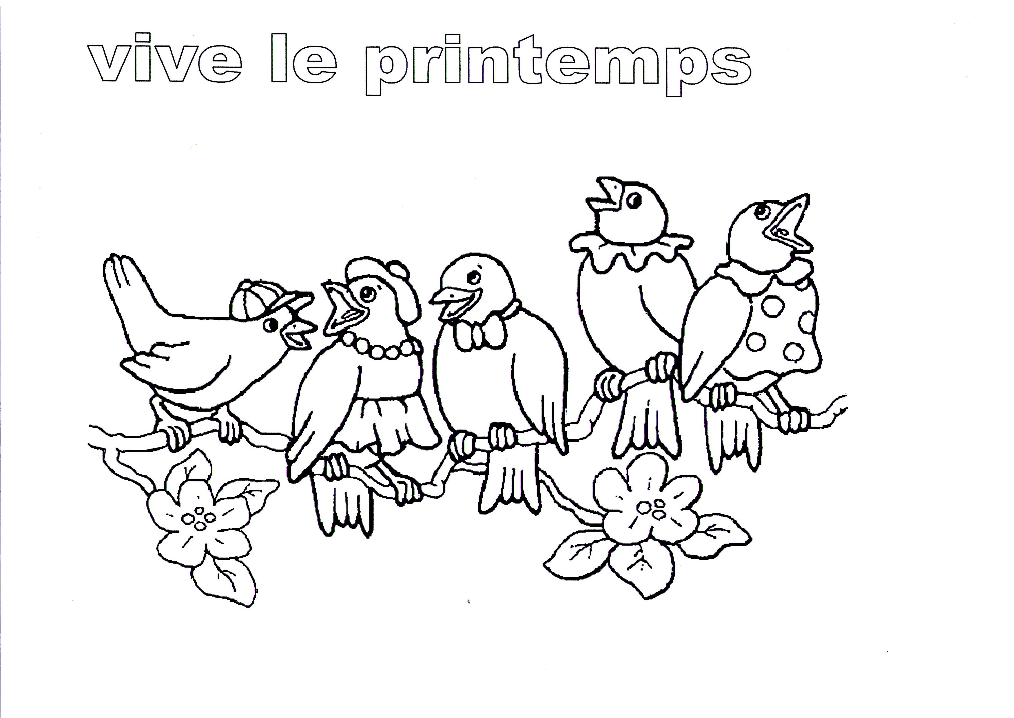 Coloriage Vive Le Printemps Maternelle Oiseaux - Printemps à imprimer