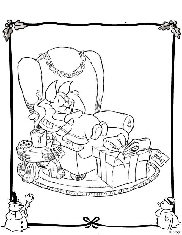Coloriage Winnie l'Ourson dans le décor hivernal - Noël Disney à imprimer