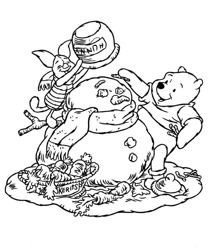 Coloriage Winnie et Porcinet sous la neige de Noël - Noël Disney à imprimer