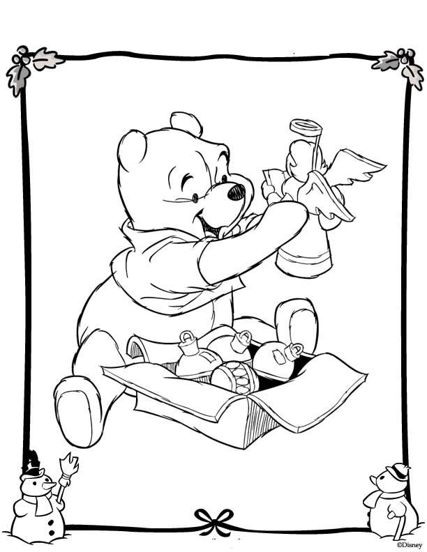 Coloriage Ourson Winnie en décor hivernal magique - Noël Disney à imprimer