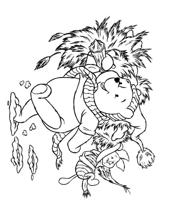 Coloriage Winnie l'Ourson ouvreur de cadeaux Noël - Noël Disney à imprimer