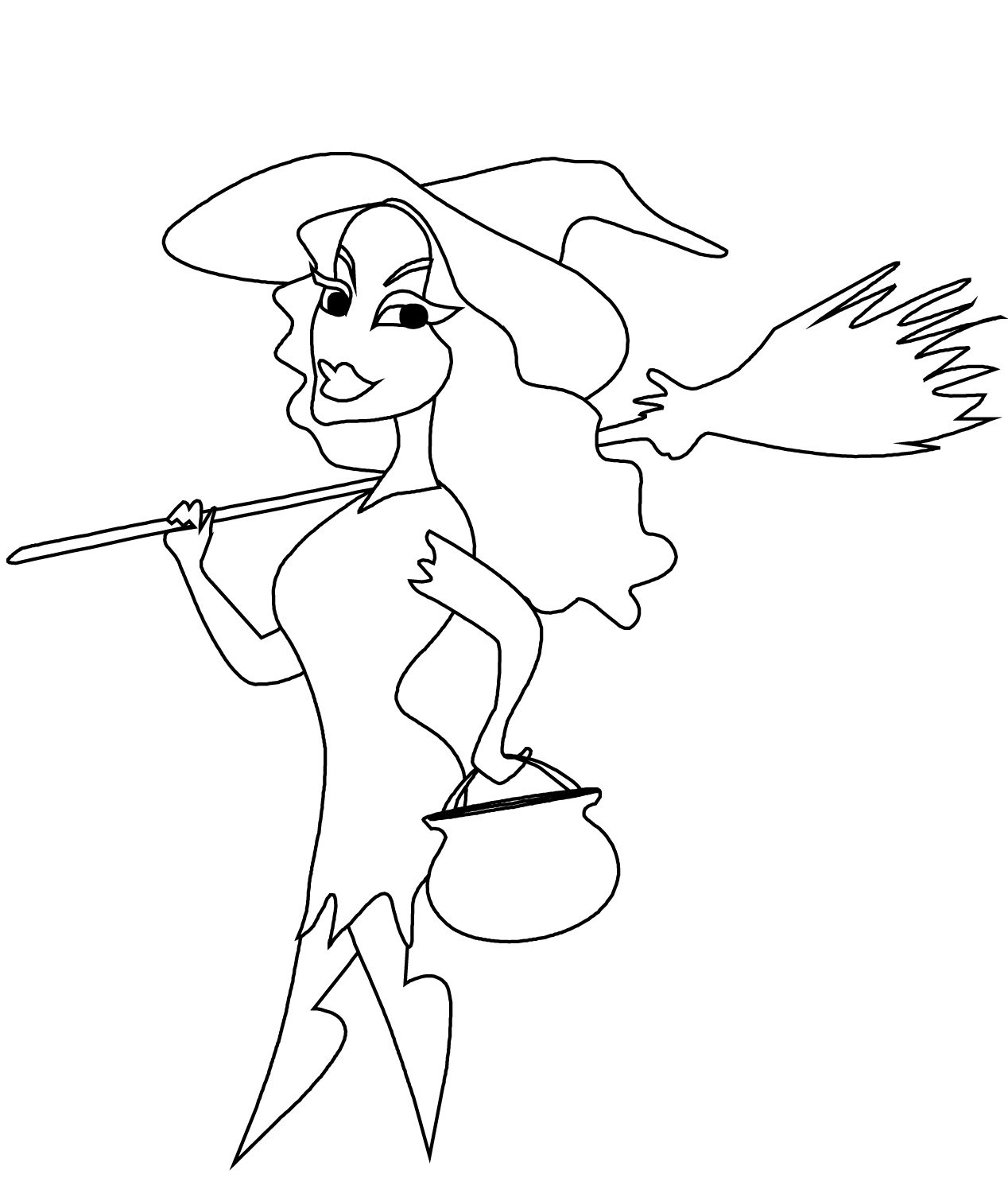 Coloriage Witch With Broomstick And Cauldron Halloween - Halloween à imprimer