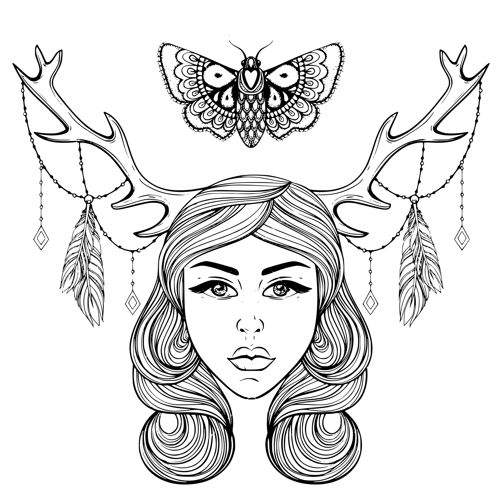 Coloriage Woman With Horns Of Deer In Dog As A Shaman Nymph Of The Forest - Adulte à imprimer
