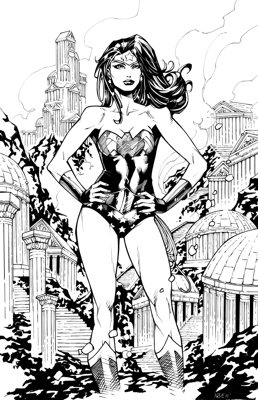 Coloriage Wonder Woman en ville DC Comics - Wonder woman à imprimer