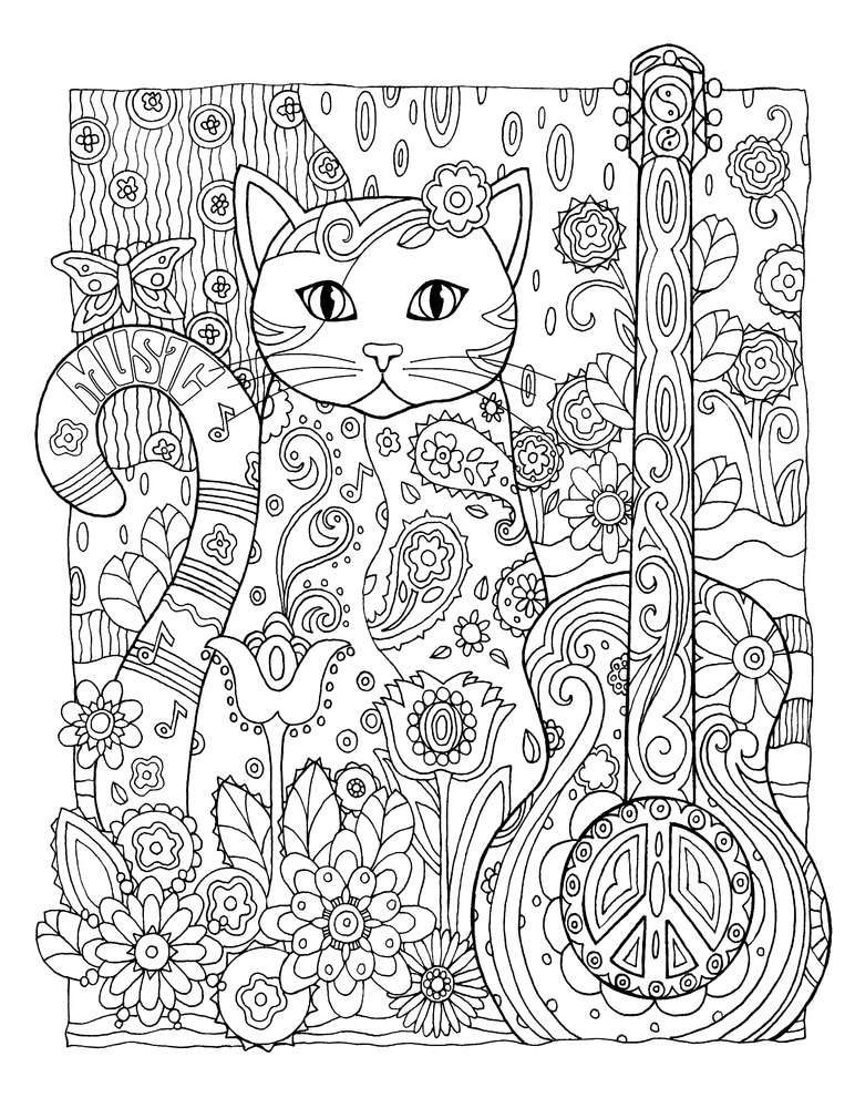 Coloriage Xxl Adulte Chat Peace Fleurs - Xxl à imprimer