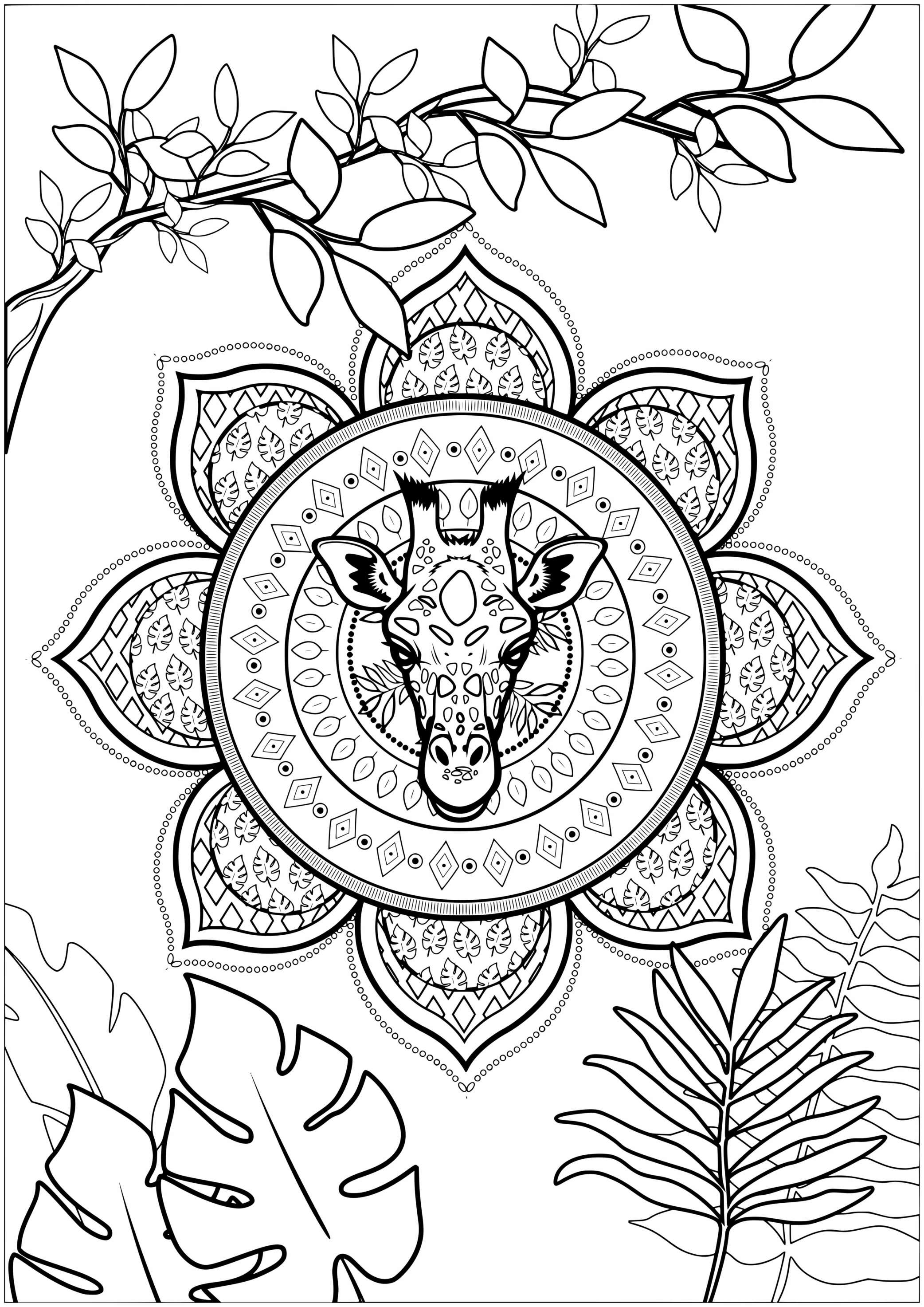 Coloriage Zen Girafe Mandala Feuilles - Girafe à imprimer