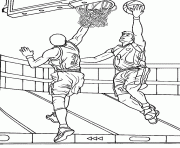 Coloriage dessin le joueur de basketball va marquer un panier malgre le defenseur