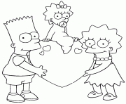 Coloriage st valentin Bart et Lisa portent Maggie sur un coeur