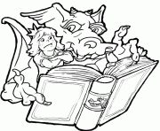 Coloriage dragon et petite fille lisent un livre