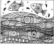 Coloriage adulte deux poissons vagues motifs