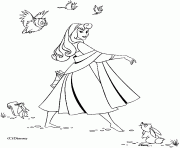 Coloriage La princesse avec des oiseaux un lapin et un ecureuil