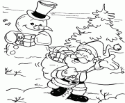 Coloriage Le pere noel devant un sapin et un bonhomme de neige