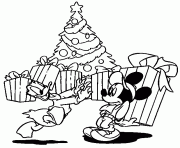 Coloriage Donald et Mickey avec cadeaux deavnt le sapin de noel