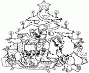 Coloriage La Belle et le Clochard et leurs petits chiots devant le sapin de Noel