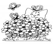 Coloriage printemps chat fleurs