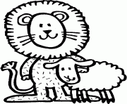 Coloriage lion avec un mouton