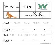 Coloriage lettre W pour Wallaby ecriture cursive gs