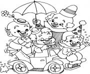 Coloriage famille de petits clowns sur un vehicule pour la fete