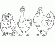 Coloriage dessin animaux hibou et oie et poule