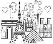 Coloriage ville de paris monuments Tour Eiffel Arc de triomphe Cathedrale Notre Dame de Paris