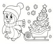 Coloriage pingouin noel traine un sapin de noel