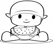 Coloriage pocoyo mange un fruit la pasteque